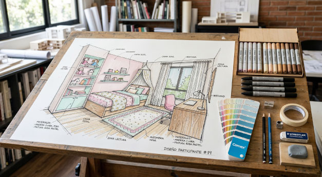 Estudiante de diseño de interiores desarrollando un proyecto con planos, croquis y selección de elementos decorativos en un entorno creativo. Taller de diseño de interiores en la CDMX