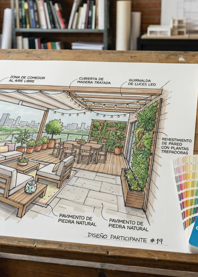 Proceso de diseño de interiores con mood board, muestras de materiales y bocetos para transformar un espacio en funcional y estético. Taller de diseño de interiores en la cdmx