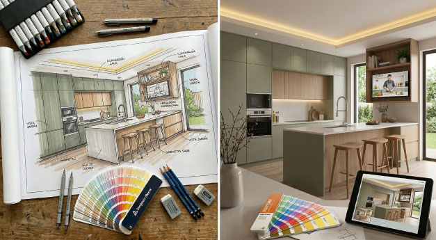 Proceso de diseño de interiores con mood board, muestras de materiales y bocetos para transformar un espacio en funcional y estético. Taller de diseño de interiores en la CDMX